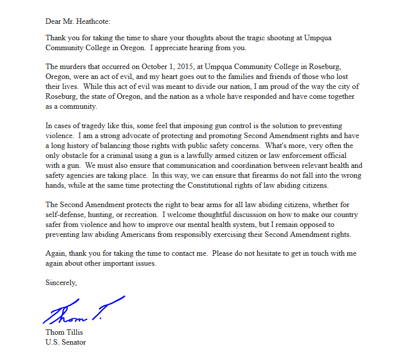 Email from Thom Tillis on 2nd Amendment Rights and Gun Control in the wake of Umpqua Community College shooting