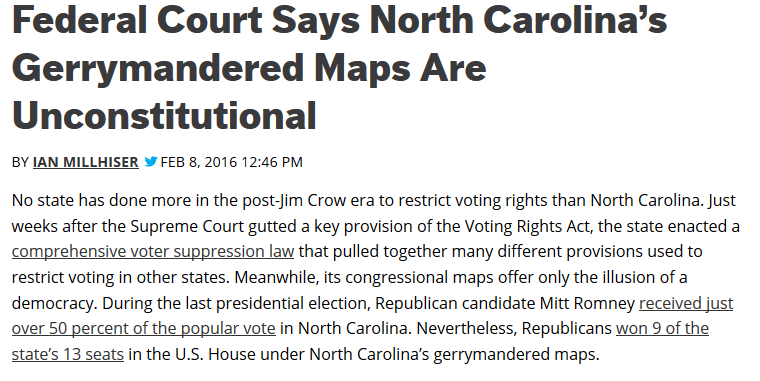 ThinkProgress NC Gerrymandering Lawsuit Headline