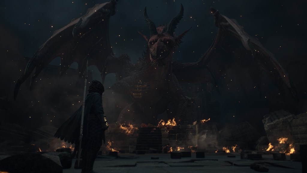 My Arisen faces the dragon. Smoldering stones are strewn across a ruined altar. Embers swirl in the air. The dragon holds someone that might be dear to me, but the dragon and I both know they aren't really.