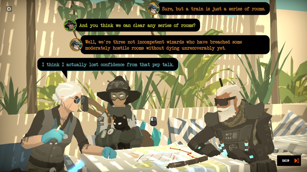 Zan, Jen, and Banks planning a train-bound operation. 