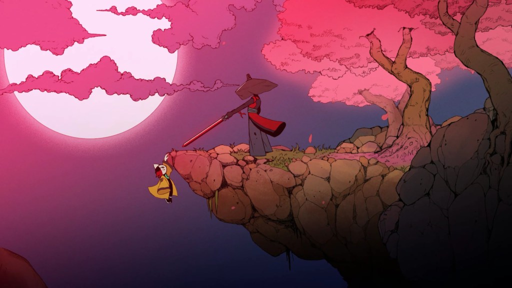 The protagonist of Nine Sols, Yi, clings to a ledge, held at sword point by a figure wearing a veiled hat.