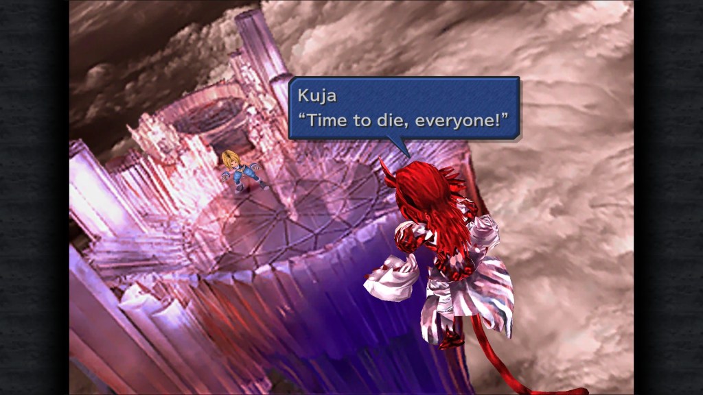 Kuja, the villain of Final Fantasy IX, declares that it's "Time to die, everyone!" Zidane confronts him, ready for a fight.