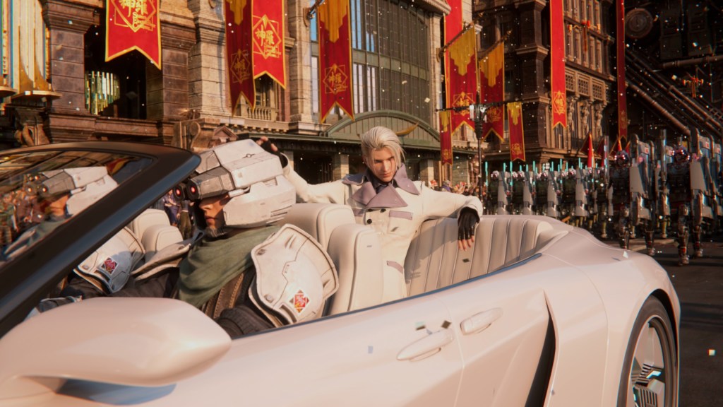A scene from Final Fantasy VII Rebirth: Rufus Shinra rides in the back of a luxury convertible during his inaugural parade.
