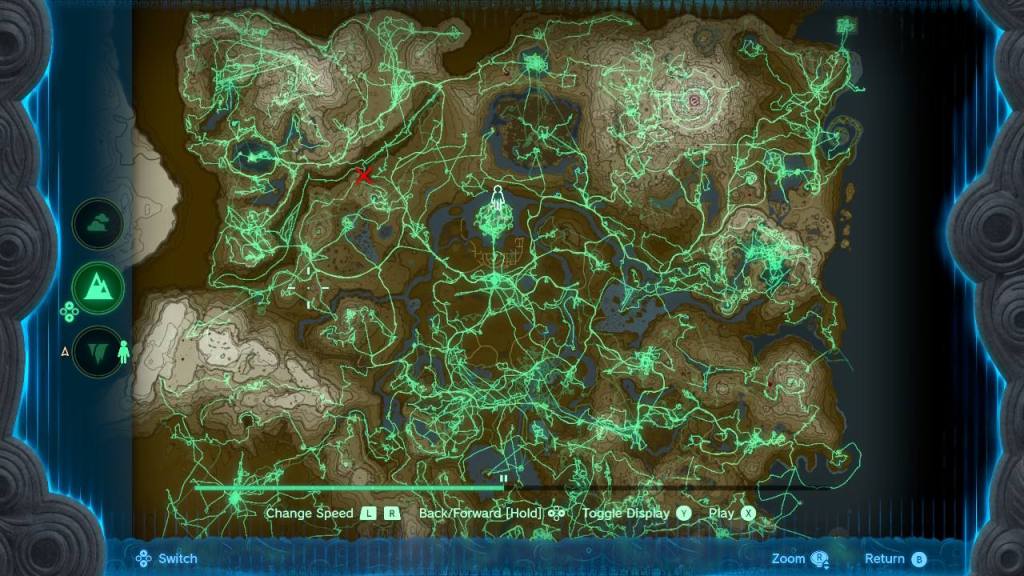 My Hero's Path through Tears of the Kingdom. A long green path ends with my marker positioned at Hyrule Castle.