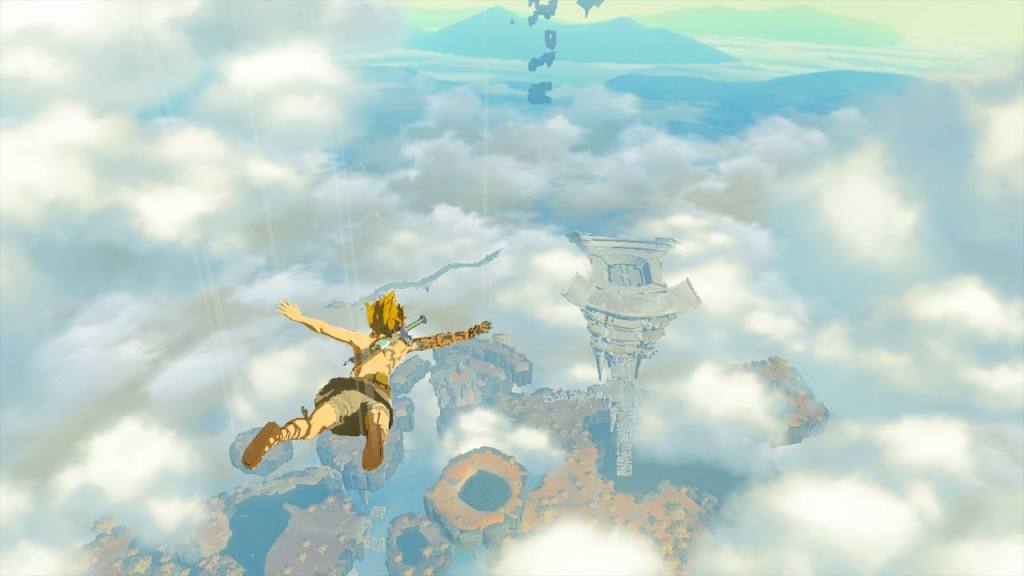 Link falls through the wide open sky, the Great Sky Archipelago below him. In the distance, the Dragon of Light soars beneath the clouds.