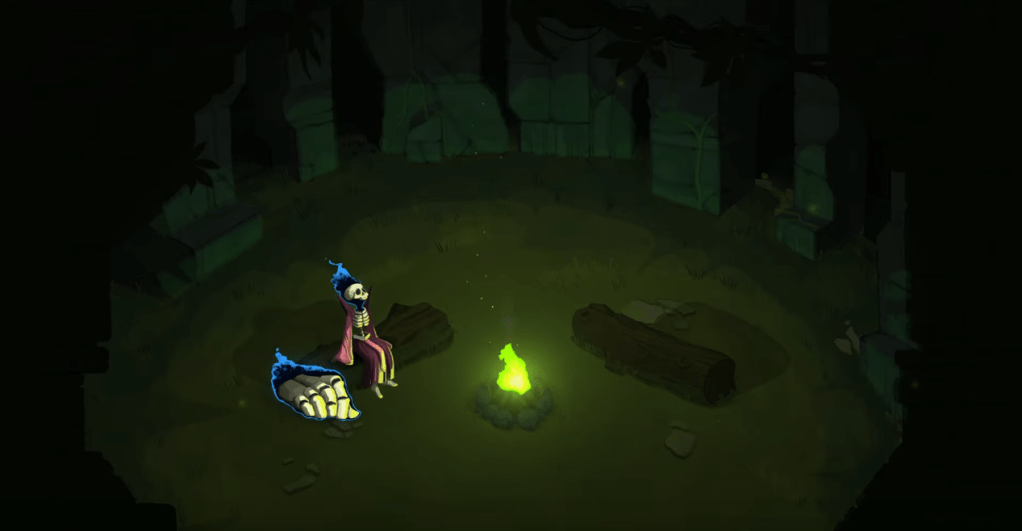 The Necrobinder, a new character in Slay the Spire 2, sits at a camp site. They rest on one log next to Osty, their minion. Across the fire, another log sits curiously empty.