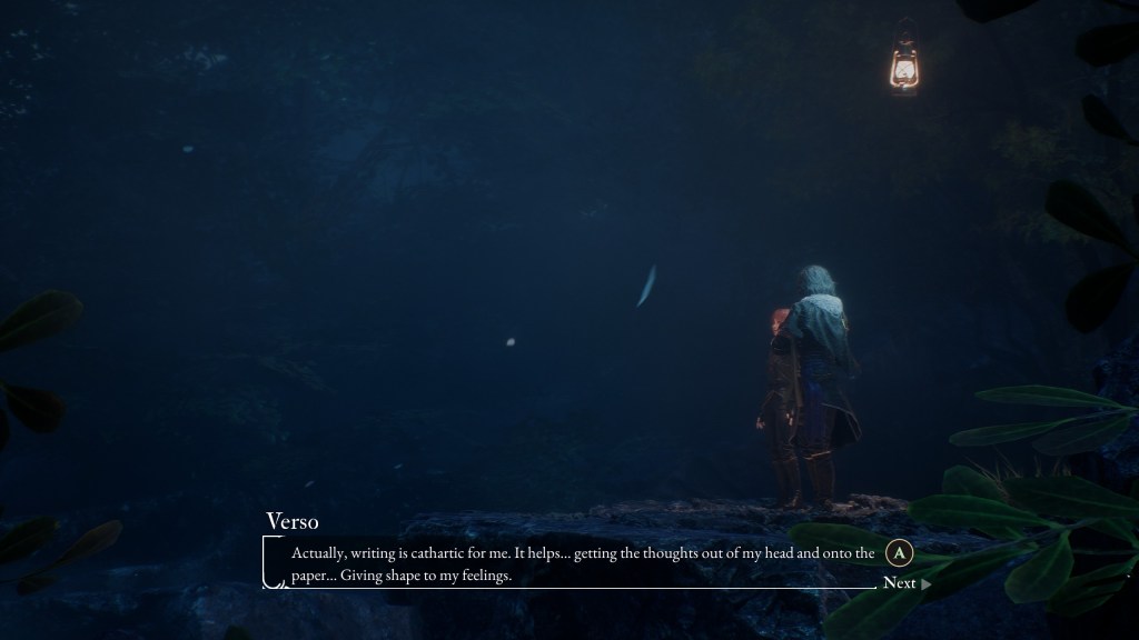 A screenshot from Clair Obscur: Expedition 33. Dialogue from a character reads: Actually, writing is cathartic for me. It helps... getting the thoughts out of my head and onto the paper... Giving shape to my feelings.