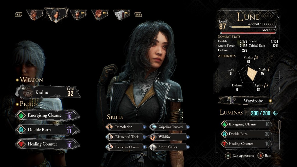 Screenshot of a menu from Clair Obscur: Expedition 33. A 3D character model dominates the middle of the screen. Sub-menus are are arranged haphazardly around the character.
