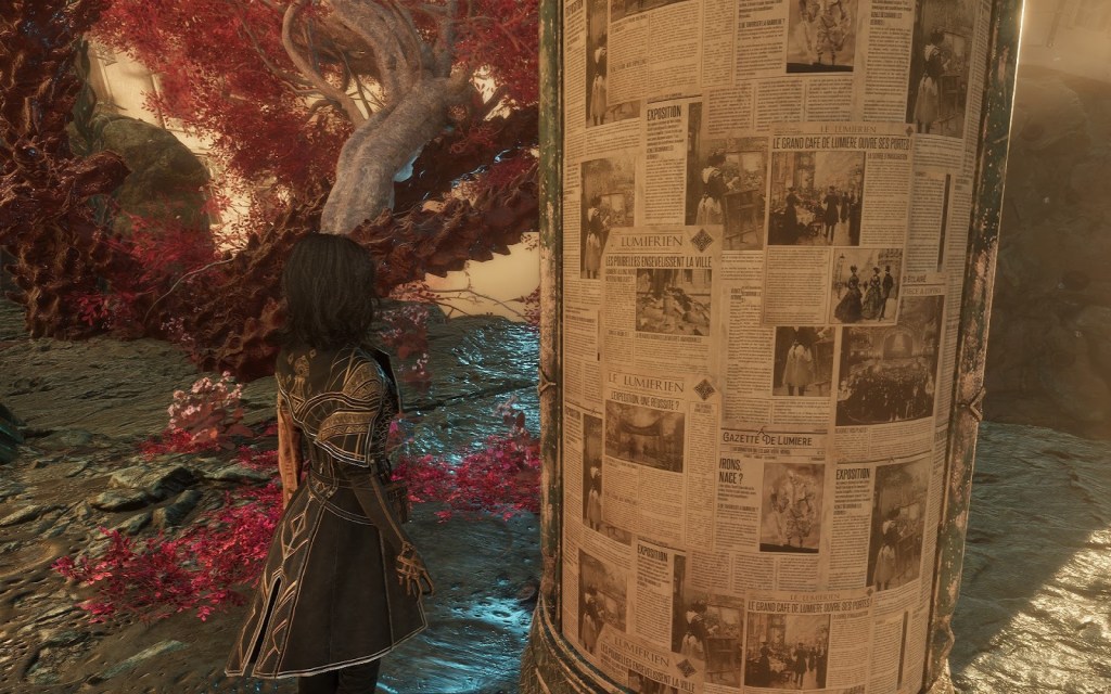 The same bulletin board from before, now covered in legible newspapers.