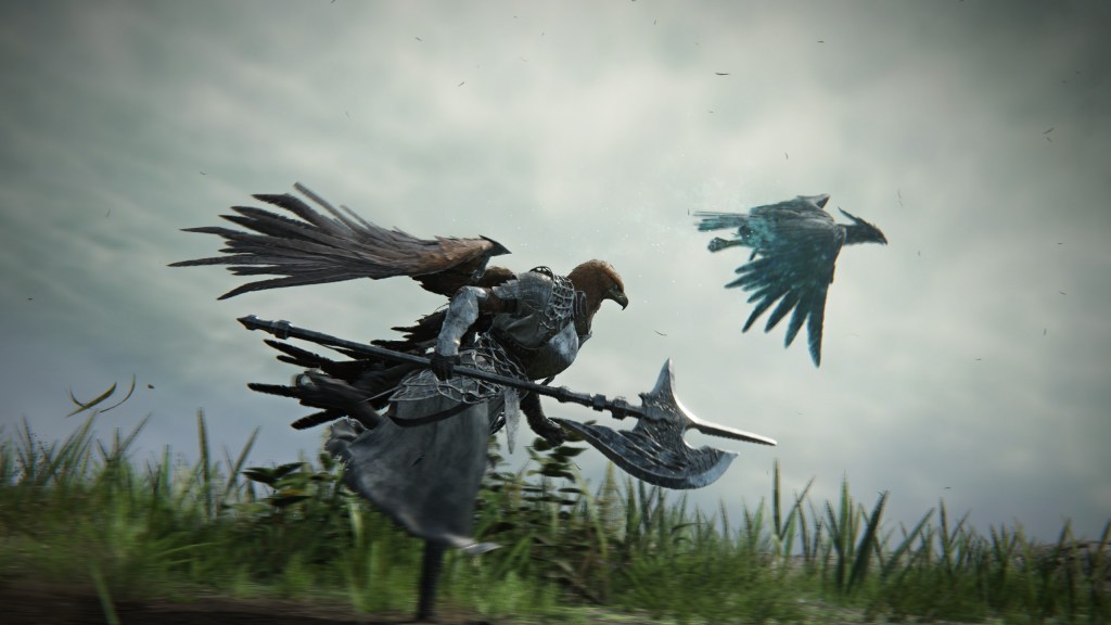A screenshot from Elden Ring Nightreign. The Guardian, a humanoid eagle wearing full plate armor and carrying a halberd, runs  toward the edge of a cliff. In the background, a spectral bird takes wing.