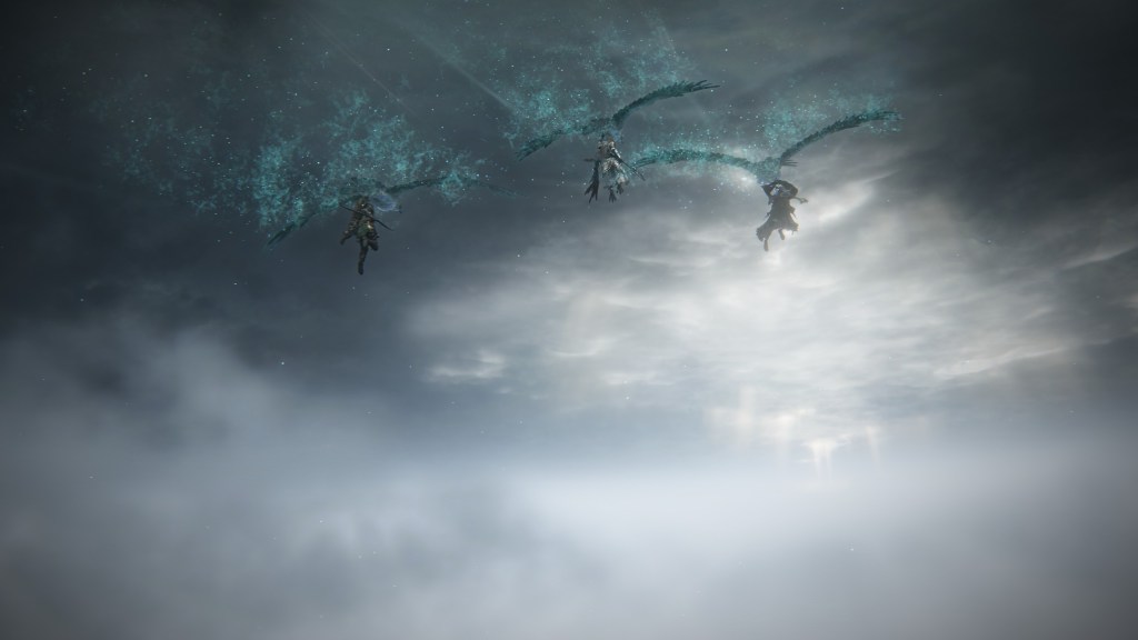 A screenshot from Elden Ring Nightreign. Three players fly off into the mist, held aloft by spectral birds.