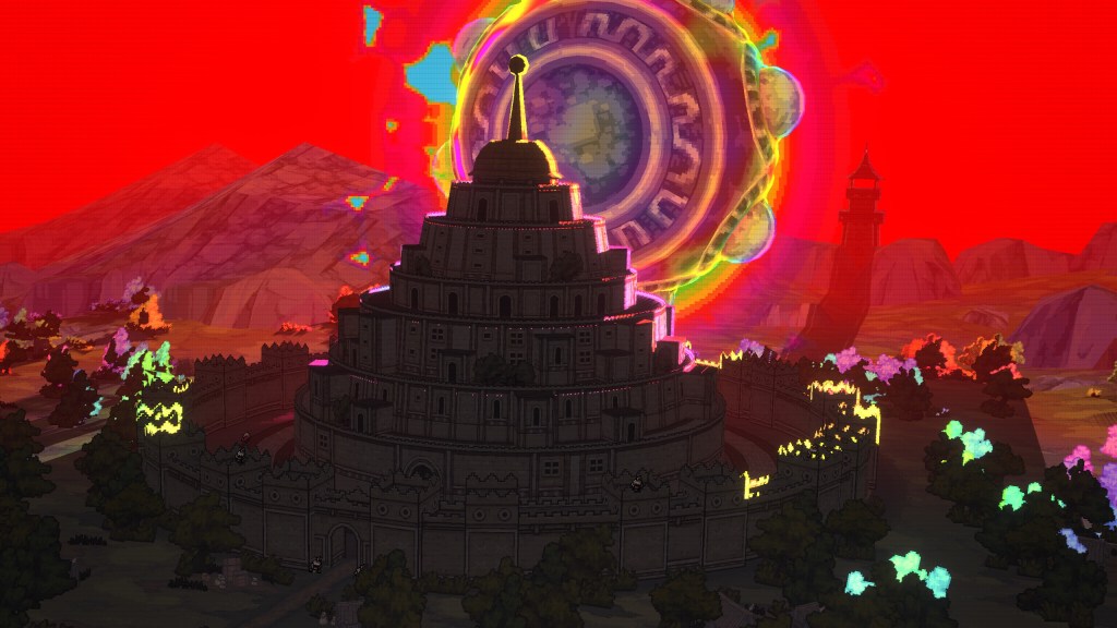 A screenshot from Ball x Pit. A massive glowing object hurtles toward a ringed city, bringing doom.