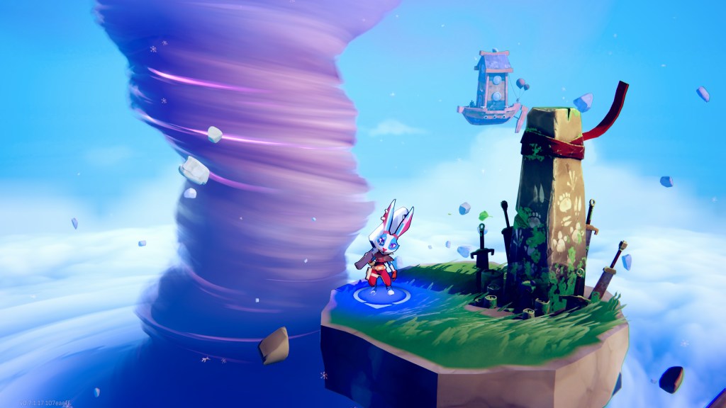 A screenshot from Windblown. A blue rabbit stands on a floating island holding a giant fish knife. In the background, a colossal tornado swirls.