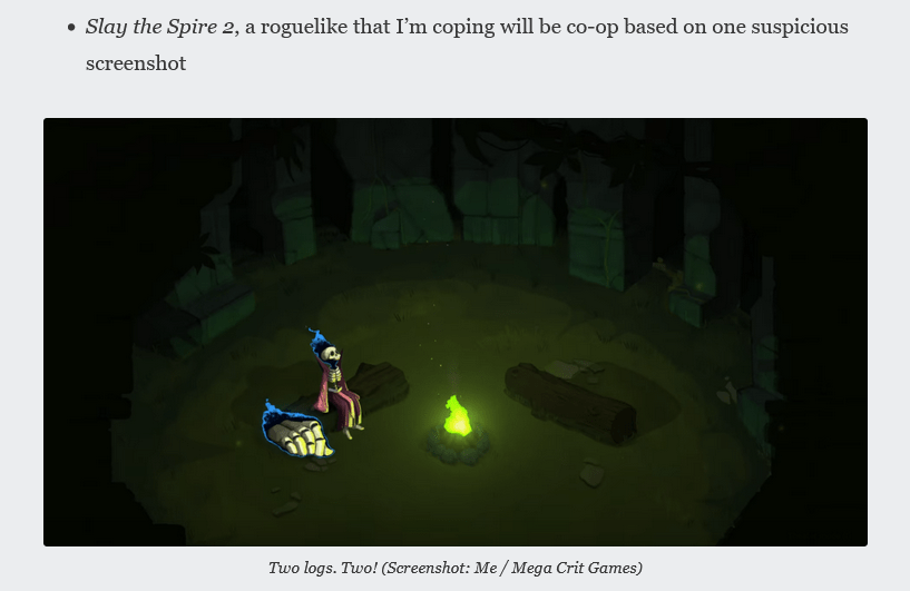 A screenshot from my blog capturing my prediction that Slay the Spire 2 would support co-op. I was correct.