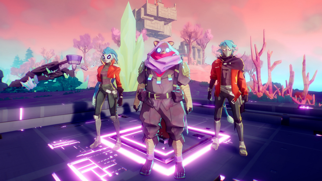 A promotional screenshot from Hyper Light Breaker. Three characters stand on a pad of unknown technological origin.