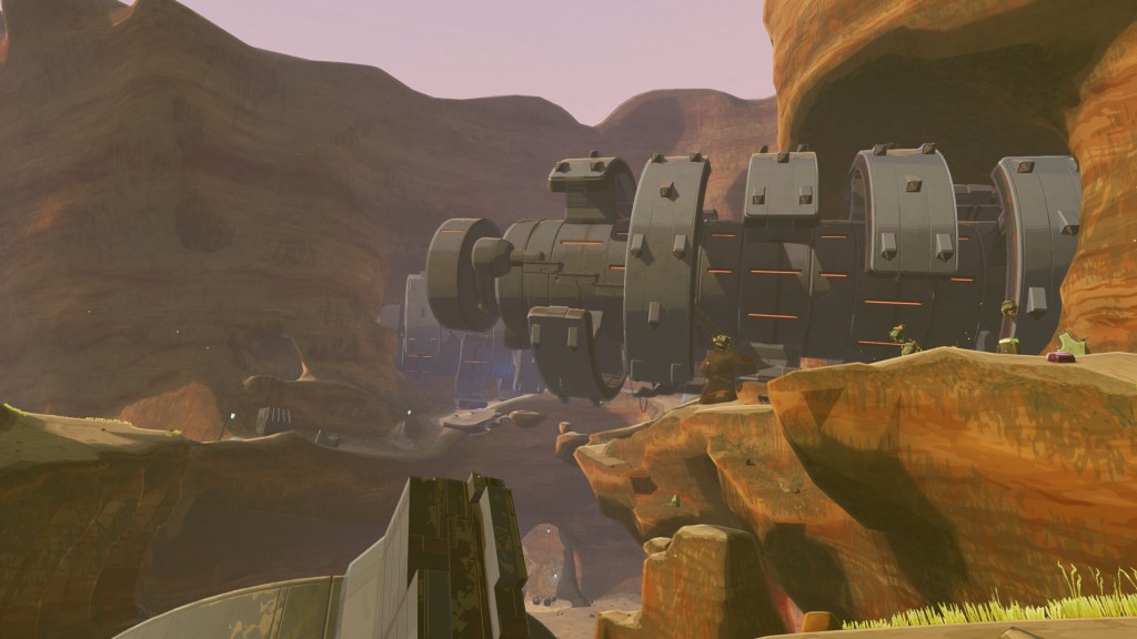 A promotional screenshot from Risk of Rain 2: Alloyed Collective. The wreckage of a spaceship litters a rocky canyon.