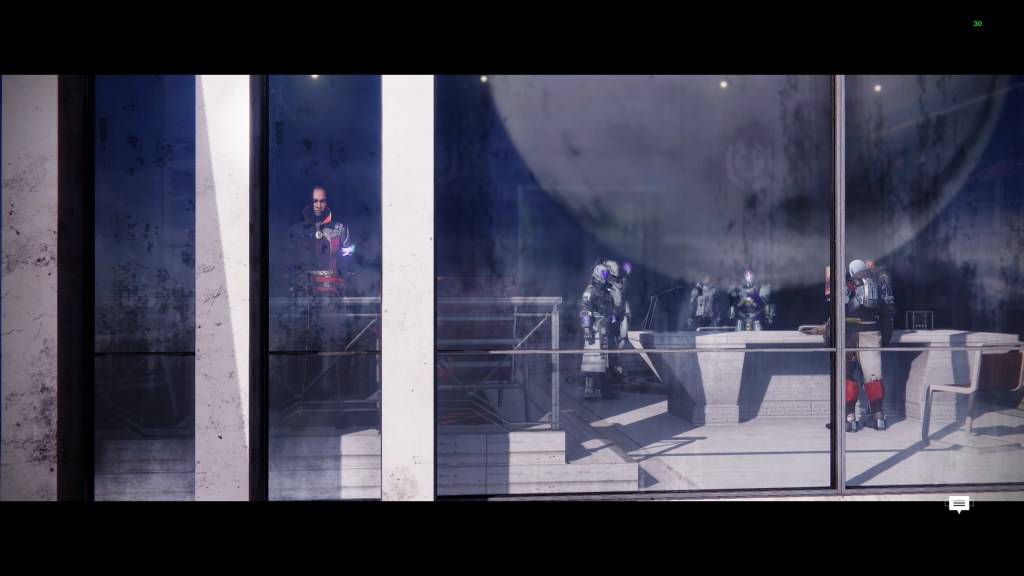 A screenshot from Destiny 2. Several characters, including Ikora, Zavala, and my Guardian, have gathered in Zavala's office.