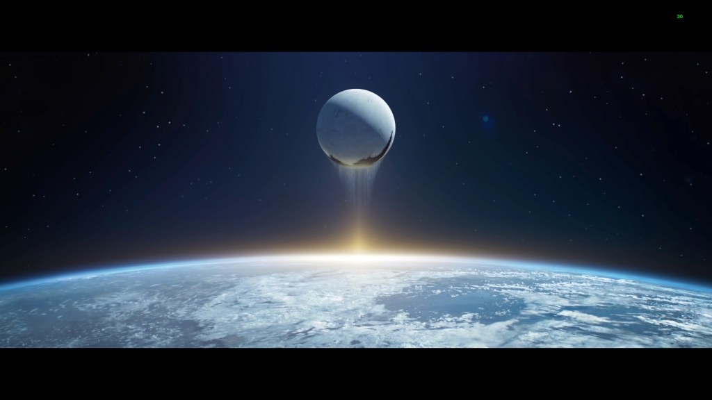 A screenshot from Destiny 2. The traveler rises into the upper atmosphere, trailing light behind it.