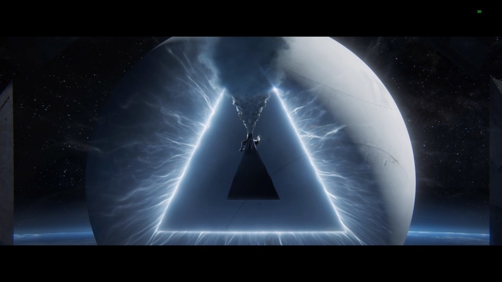 A screenshot from Destiny 2. The Witness carves a triangular portal into the Traveler.