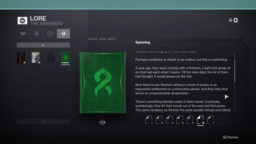 A screenshot from Destiny 2 showing a lore excerpt. It reads: A year ago, they were running with a fireteam, a tight-knit group of six that had each other's backs. Till the stars died, the lot of them had thought. It would always be like this. Now there is one Warlock sitting in a flock of pouka, in an impossible settlement on a miraculous planet. And they miss that sense of companionship desperately—