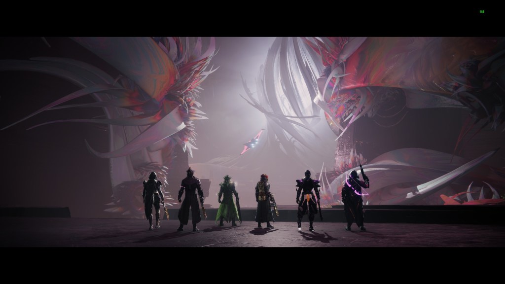 A screenshot from Destiny 2. Six Guardians stand at the entrance to the Root of Nightmares raid.