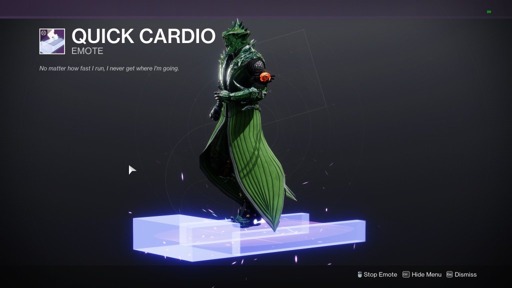 A screenshot from Destiny 2 showing a purchasable emote called Quick Cardio, which summons a hologram treadmill for the player to run on. Flavor text: No matter how fast I run, I never get where I'm going.