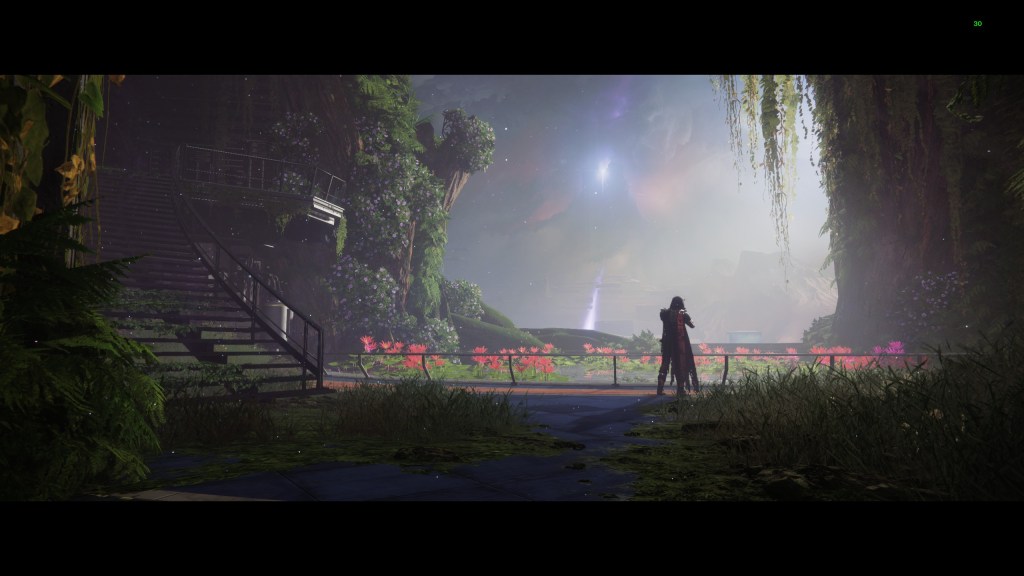 A screenshot from Destiny 2. Cayde-6 stands in an overgrown facsimile of the Speaker's chamber. He plays harmonica with his back to the camera.