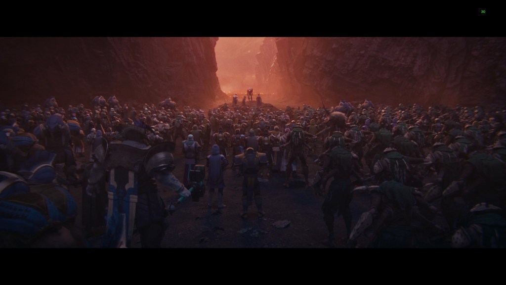 A screenshot from Destiny 2. An army rallies to put an end to the Witness.