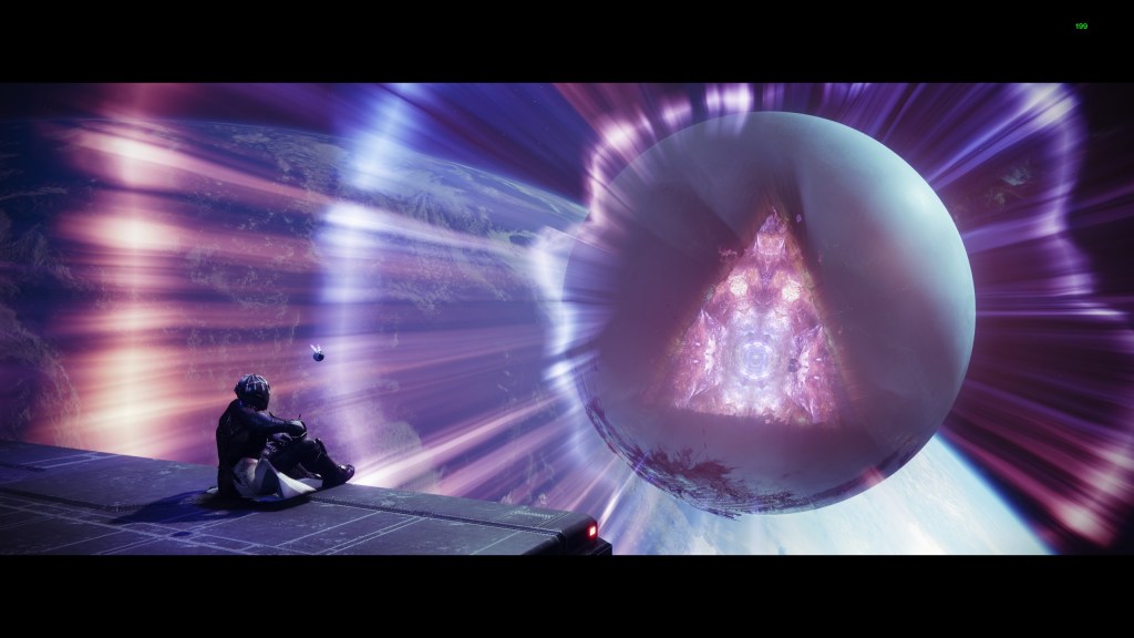 A screenshot from Destiny 2. My Guardian sits on a platform in space, gazing at the Traveler. An aurora emanates from the triangular portal leading inside.
