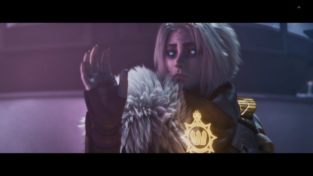 A screenshot from Destiny 2. Queen Mara Sov of the Awoken looks concerned, as though she almost burned her hand on a cosmic stove.