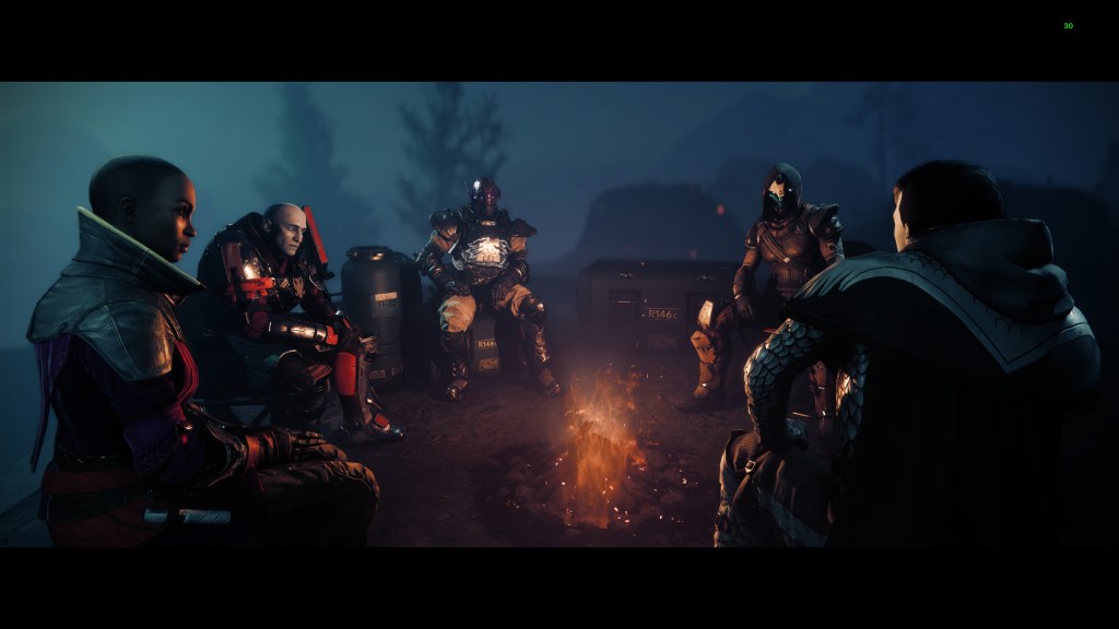 A screenshot from Destiny 2. Ikora, Zavala, my Titan, Cayde-6, and Crow are gathered around a campfire inside the Traveler's Pale Heart.