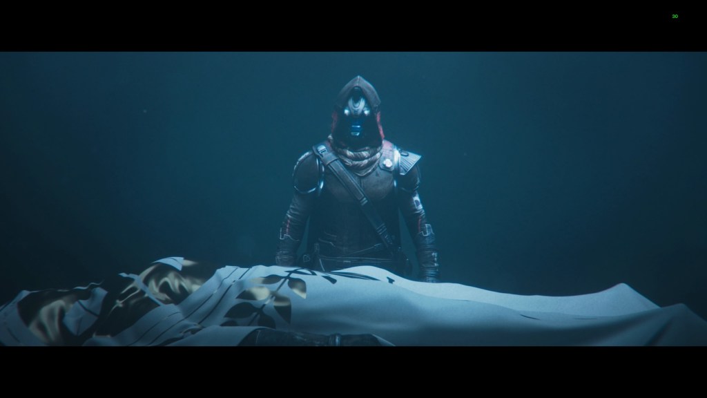 A screenshot from Destiny 2. Cayde-6 stands in front of a plinth bearing his own shrouded corpse.