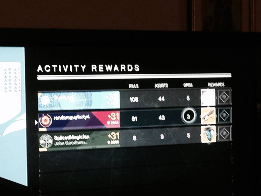 A photo of a TV screen showing the results screen from a Nightfall strike in Destiny 1. The exotic rocket launcher Gjallarhorn has appeared as a reward next to my name.